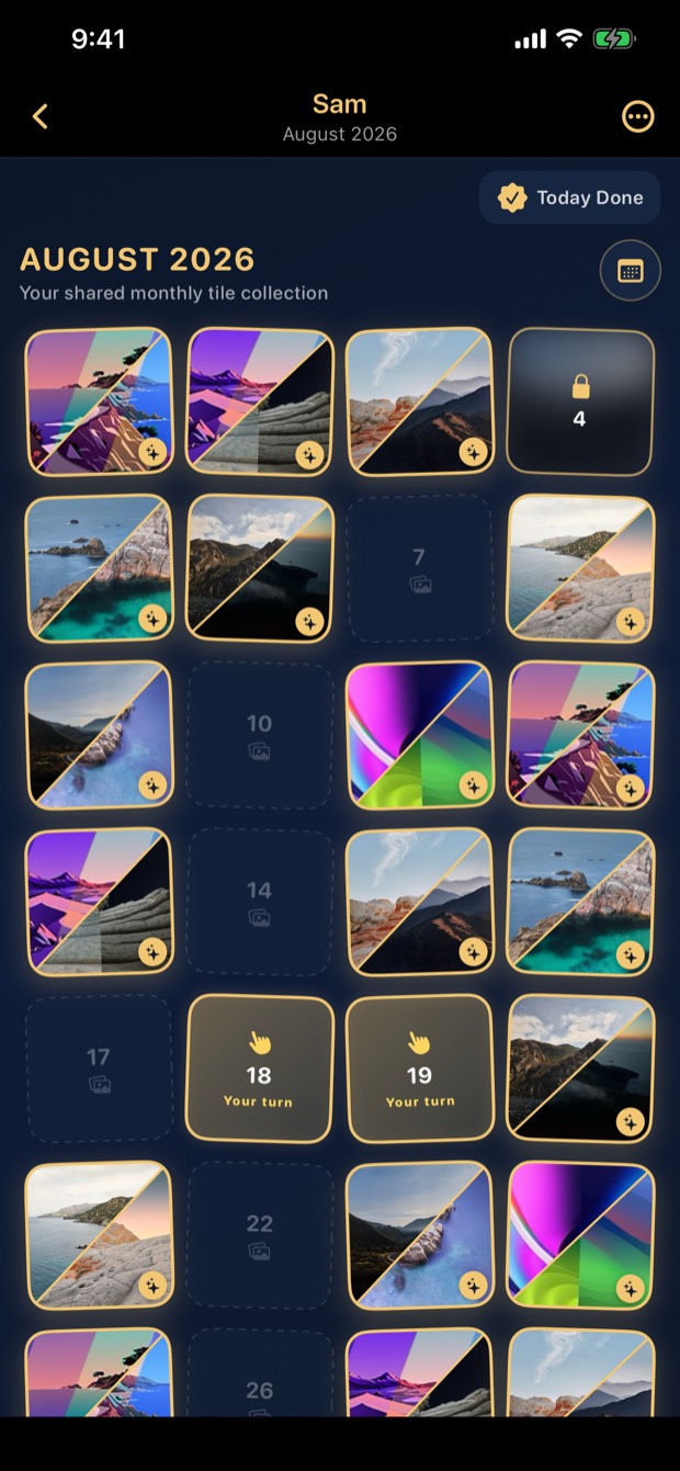 Month view of a shared board: paired photo tiles filling an August calendar, some days still empty or waiting